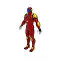 Red And Yellow Armored Mech Suit With Metallic Body And Joint Accents