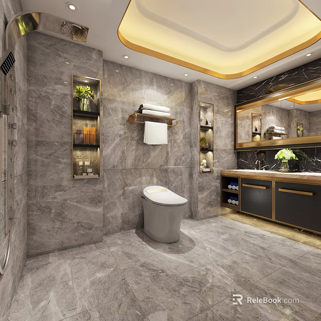 Luxury Modern Bathroom Interior With Grey Marble Tiles And Elegant Gold Accent Features 3d model 