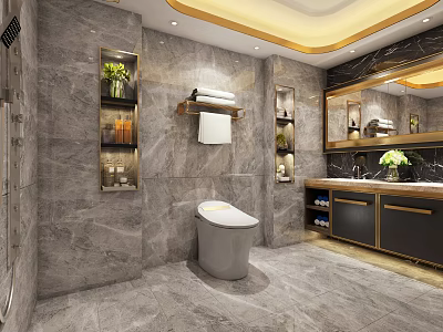 Luxury Modern Bathroom Interior With Grey Marble Tiles And Elegant Gold Accent Features 3d model