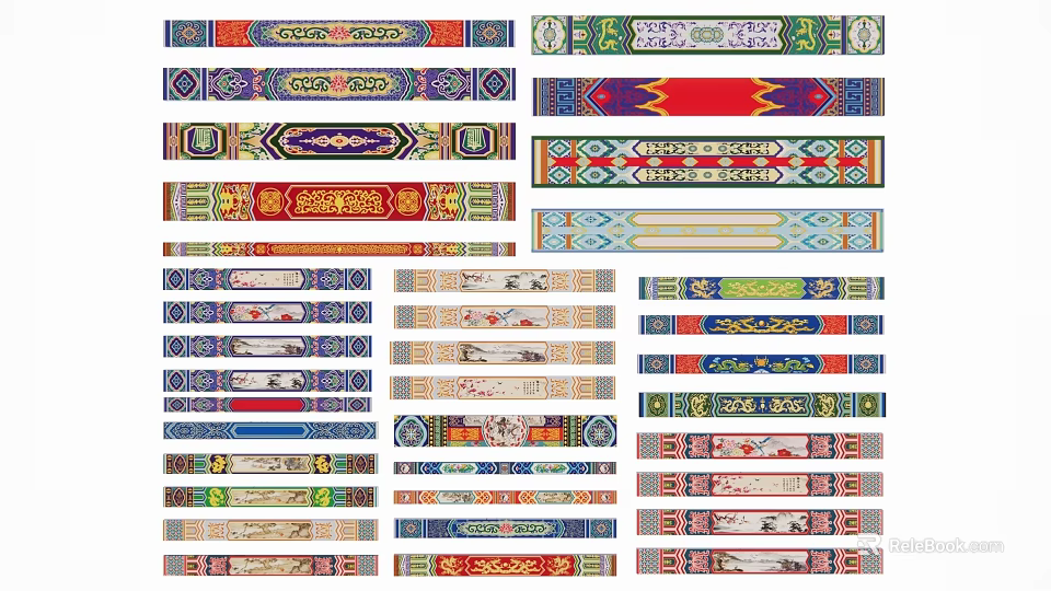 Decorative Long Strip Pendants with Various Colors and Intricate Traditional Patterns 3d model 
