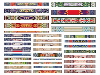 Decorative Long Strip Pendants with Various Colors and Intricate Traditional Patterns 3d model