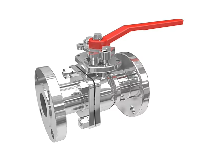 Industrial Metal Ball Valve With Red Handle And Flange Connection 3d model