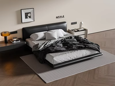 Double Bed With Black Leather Headboard White Pillows Black Comforter And Nightstand Table Lamp 3d model