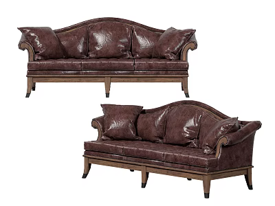 Traditional Brown Leather Three-Seater Sofa With Wooden Legs And Comfortable Cushions 3d model