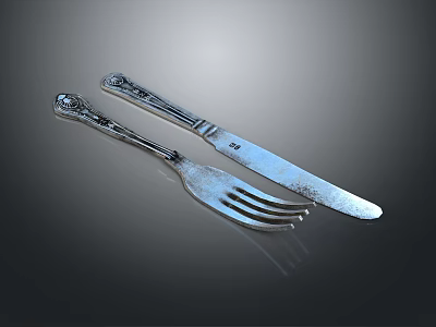 Elegant Silver Carved Cutlery Set With Dinner Fork And Decorative Knife 3d model