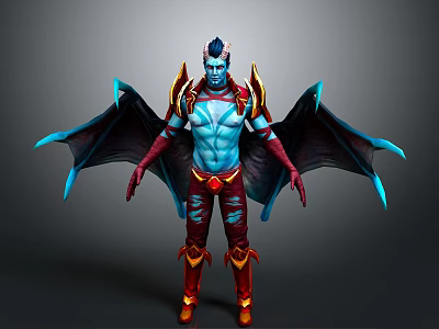 Blue Skinned Mythical Character With Horns Red Gold Armor And Blue Wings 3d model
