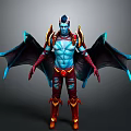 Blue Skinned Mythical Character With Horns Red Gold Armor And Blue Wings