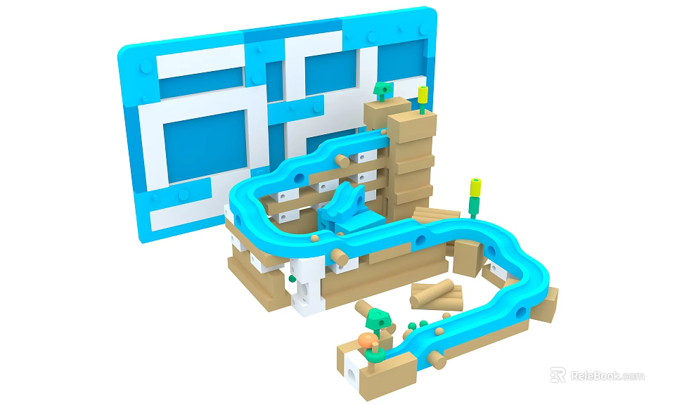 Creative Building Blocks Track Set With Blue Slide Path And Wooden Structure 3d model 