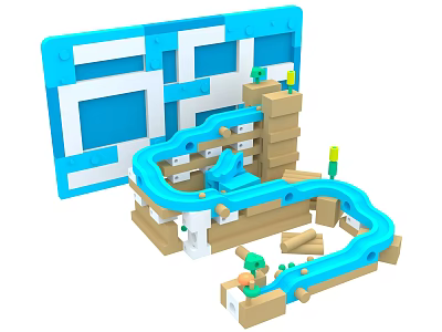 Creative Building Blocks Track Set With Blue Slide Path And Wooden Structure 3d model