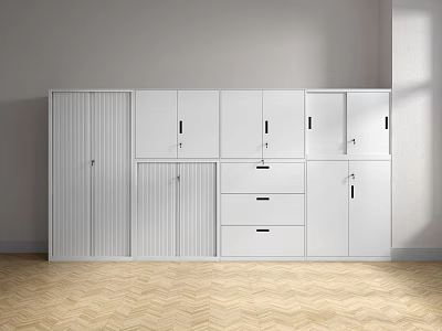 Modern White Bookcase With Multiple Cabinets And Drawers Against Light Wall On Herringbone Wood Floor 3d model