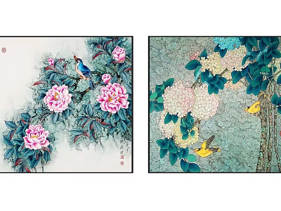 Vibrant Botanical Paintings With Peonies Hydrangeas Green Leaves And Yellow Blue Birds 3d model