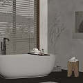 Modern Freestanding Bathtub In Bathroom With Window Blinds Decorative Branch And Wooden Stool