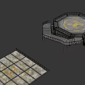 3D Model Of Octagonal Platform With Yellow Logo Metal Stairs And Grid Structure