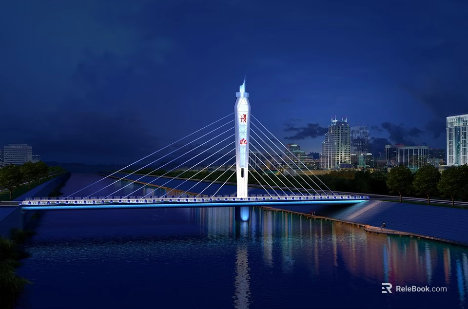 Illuminated Bridge With Tall Tower Over Water And City Skyline Reflection At Night 3d model 
