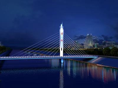 Illuminated Bridge With Tall Tower Over Water And City Skyline Reflection At Night 3d model