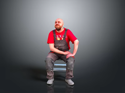 Bald Man In Red T-Shirt And Gray Overalls Sitting On Metal Ladder Against Gray Background 3d model