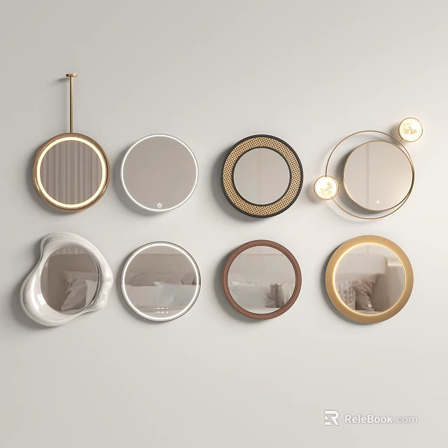 Various Shaped Decorative Mirrors With Gold White Black Frames On Light Wall 3d model