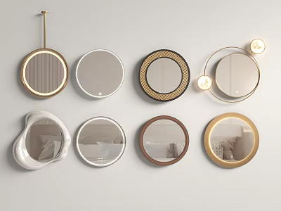 Various Shaped Decorative Mirrors With Gold White Black Frames On Light Wall 3d model