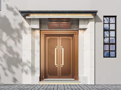 Elegant Storefront Entrance With Brass Double Doors Decorative Plaque Right-Side Glass Window And Stone Pavement 3d model