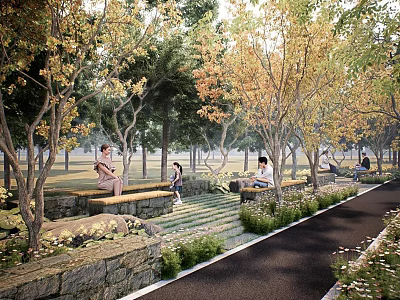 Scenic Autumn Park Landscape With Yellow Leaf Trees Pathway Benches People Resting And Green Plants 3d model