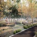 Scenic Autumn Park Landscape With Yellow Leaf Trees Pathway Benches People Resting And Green Plants