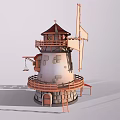Decorative Windmill Style Furniture With White Tower Red Roof Orange Blades Circular Platform And Small Pavilion