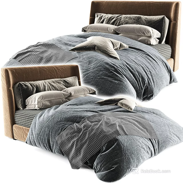 Modern Double Bed With Gray Bedding Brown Headboard Patterned Duvet And Pillows 3d model 