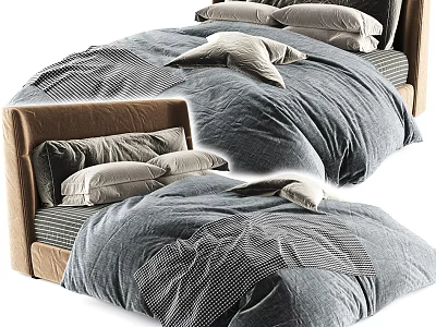 Modern Double Bed With Gray Bedding Brown Headboard Patterned Duvet And Pillows 3d model