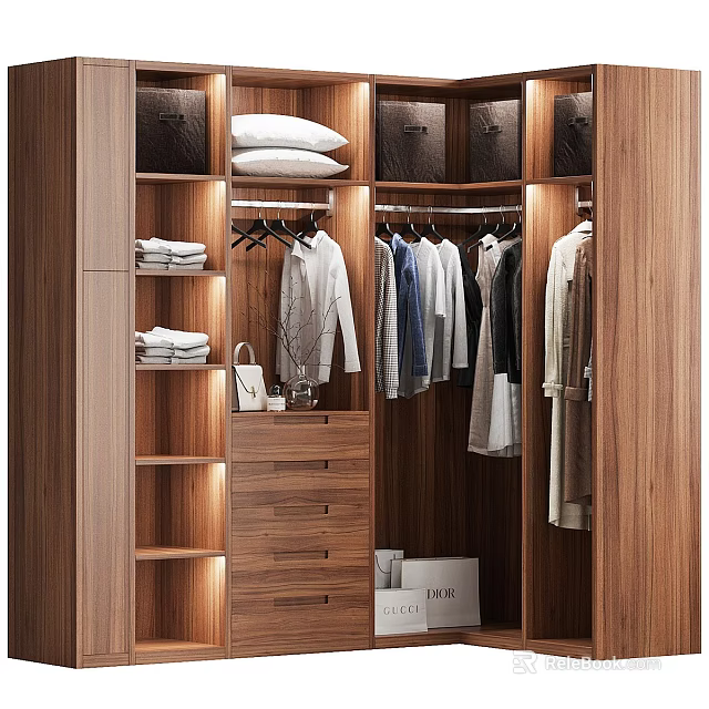 Modern Wardrobe Interior Design With Wooden Shelves Hanging Clothes Drawers And Storage 3d model 
