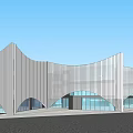 Modern Sales Office Building With Green Roof Irregular Geometric Facade And Glass Windows