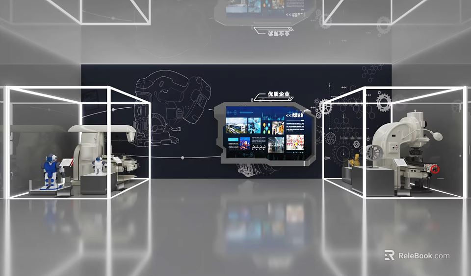 Futuristic Tech Exhibition Hall With Digital Display Mechanical Devices And Geometric Line Designs 3d model 