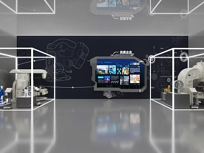 Futuristic Tech Exhibition Hall With Digital Display Mechanical Devices And Geometric Line Designs 3d model
