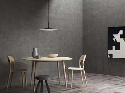 Modern Dining Table Set with Round Wooden Table Two Chairs Black Stool Pendant Light and Gray Walls 3d model
