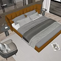 Modern Double Bed With Leather Headboard Gray White Bedding Nightstand And Floor Lamp In Bedroom