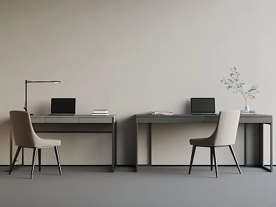 Minimalistic Workspace With Two Gray Desks Laptops Beige Chairs And Potted Plant 3d model