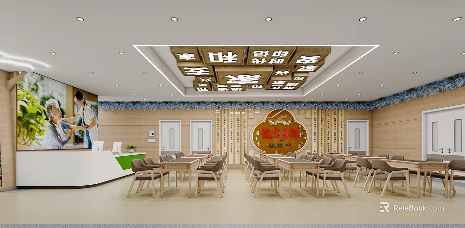 Chinese Style Hotel Lobby With Wooden Furniture Reception Desk And Ceiling Character Decorations 3d model 