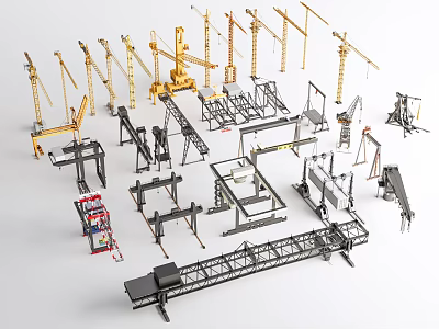 Different Types Of Construction Machinery With Cranes Steel Frames And Equipment 3d model