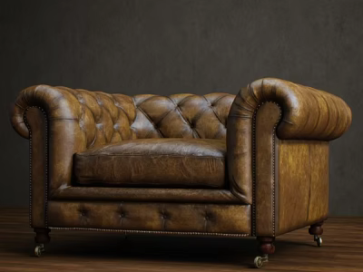 Classic Brown Leather Single Seater Sofa With Button Tufted Design Rolled Arms And Casters 3d model