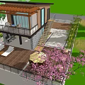 Modern Single Family House With Green Lawn Trees Pink Flowers Outdoor Patio And Wooden Deck