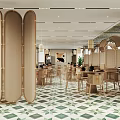 Modern Luxury Restaurant With Arched Partitions Green Patterned Tiles Wooden Tables Chairs And Pendant Lights