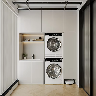 Modern Home Balcony With Stacked Washing Machine Dryer White Cabinets Storage Shelves And Small Plant 3d model