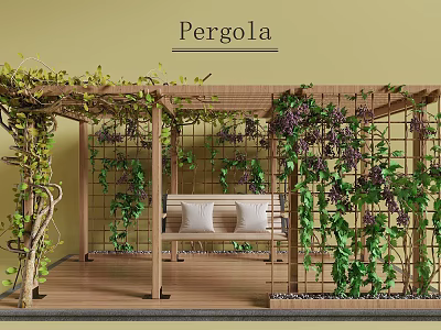 Pergola With Wooden Structure Green Vines Purple Grapes Bench And Yellow Wall Background 3d model