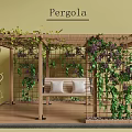 Pergola With Wooden Structure Green Vines Purple Grapes Bench And Yellow Wall Background