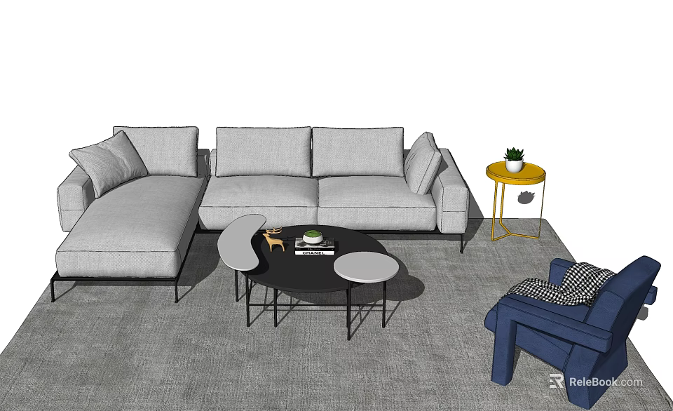 Gray L Shaped Sofa Black Coffee Table Set with Gold Side Table Blue Chair 3d model 