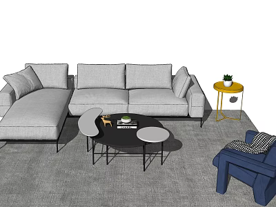 Gray L Shaped Sofa Black Coffee Table Set with Gold Side Table Blue Chair 3d model
