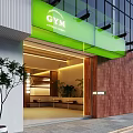 Green Signage Gym Entrance Design With Glass Facade And Lighting Features