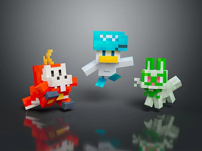 Colorful Pixel Style Game Characters With Different Cute 3D Rendered Designs 3d model