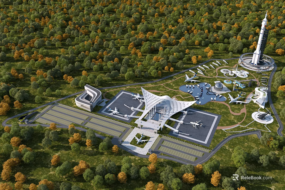 Aerial Planning of Modern Airport Terminal With Green Landscape Runways and Surrounding Trees 3d model 