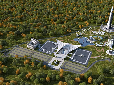 Aerial Planning of Modern Airport Terminal With Green Landscape Runways and Surrounding Trees 3d model