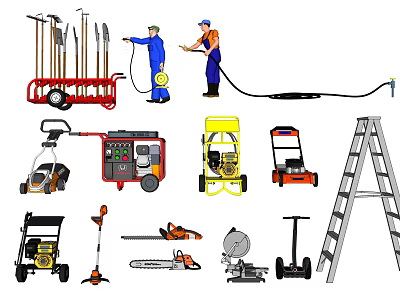 Industrial Equipment Including Ladder Lawn Mower Generator Chainsaw Sprayer And Workers 3d model